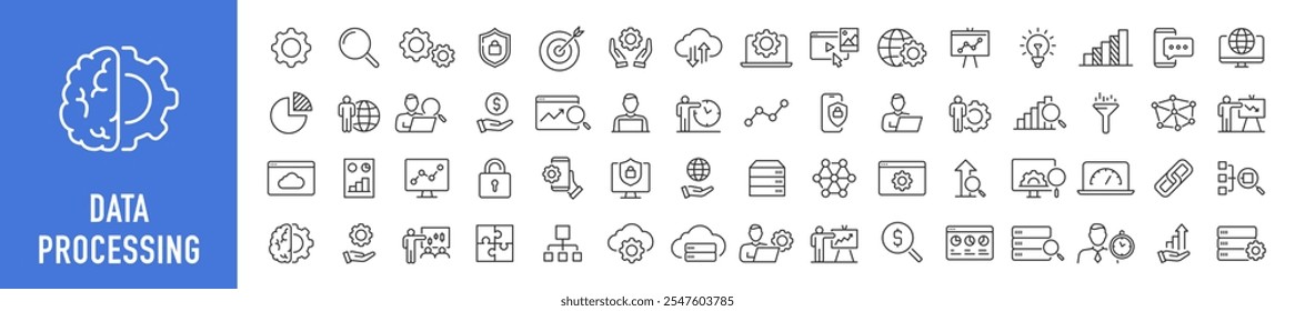 Ícones da Web de Processamento de Dados em estilo de linha. Análise, engrenagem, rede, estatística, filtro, diagramas, tecnologia. Coleção de ícones. Ilustração vetorial.