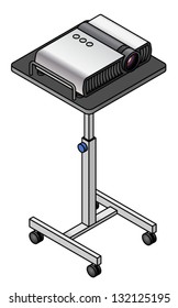 A data projector on a height-adjustable cart.