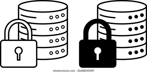 Iconos de datos protegidos. Ilustración vectorial en blanco y negro. Candado y base de datos. Información almacenada de forma segura, a salvo de acceso no autorizado, pérdida o divulgación. Concepto de Contraseña y seguridad de datos