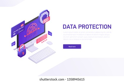 Data protection 3d isometric template of e-commerce site, home page vector design. Data safety isometric icons, shield, password, lock, credit card, fingerprint, monitor isometric icons