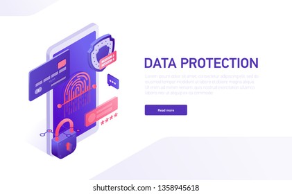 Data protection 3d isometric template of e-commerce site, home page vector design. Data safety isometric icons, shield, password, lock, credit card, fingerprint, phone isometric icons
