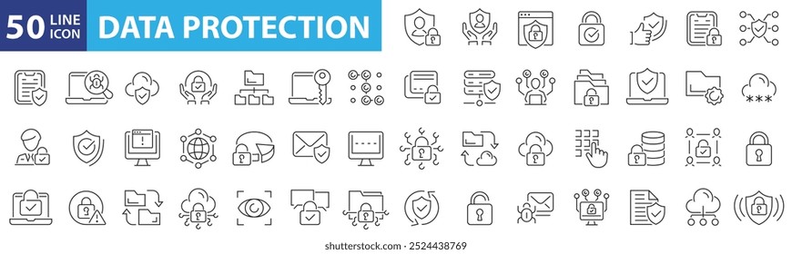 Conjunto de ícones 50 da proteção de dados. Segurança cibernética, privacidade, segurança, criptografia, cibernética, confidencialidade, consentimento e muito mais. Traçado editável. Ilustração vetorial