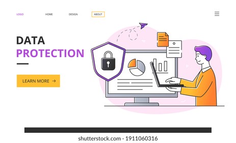 Data protection abstract concept with a young man working on laptop. Flat cartoon vector illustration. Website, web page, landing page template or layout. Abstract metaphor