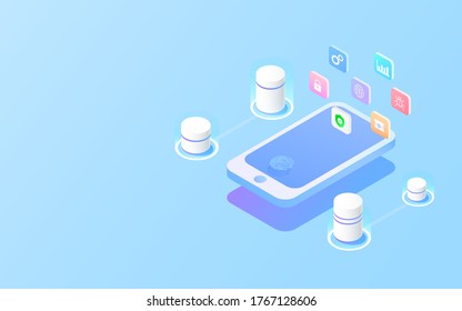 Protección de datos Acceso a la información sobre teléfonos móviles con huellas dactilares. Ilustración vectorial isométrica plana.