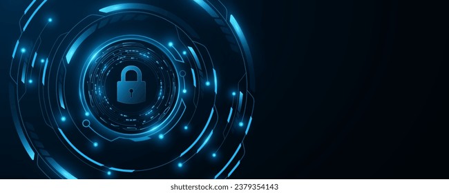 Data protection background. Futuristic glowing HUD circle with lock icon. GUI and UI design. Technology cover. Vector illustration. EPS 10.