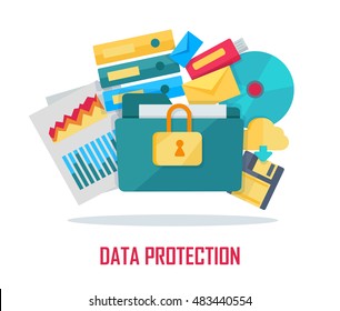 Data Protection Banner. Blue Folder Lock Icon On White Background. File Protection. Data Security And Privacy Concept. Safe Confidential Information. Vector Illustration In Flat Style.