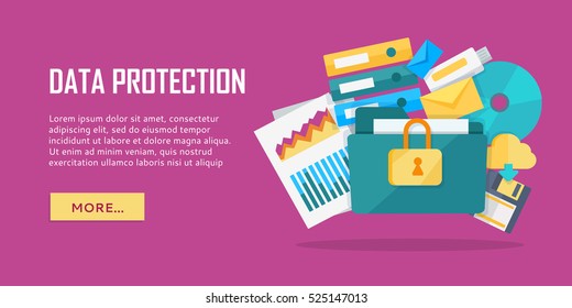 Data protection banner. Blue folder lock icon on white background. File protection. Data security and privacy concept. Safe confidential information. Vector illustration in flat style.