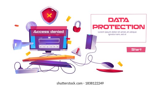 Data protection banner with computer and access denied notification. Hacker attack, antivirus, firewall cyber security, computing internet network secure digital technology cartoon vector illustration