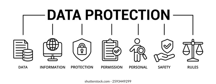 Data protection banner icon with data, information, protection, permission, personal, safety, rules
