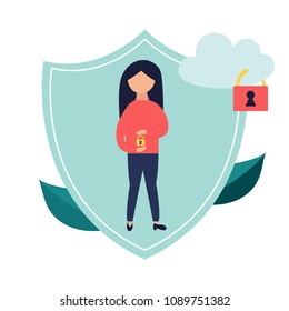 Data protection banner with locked cloud and girl. Data security and privacy concept