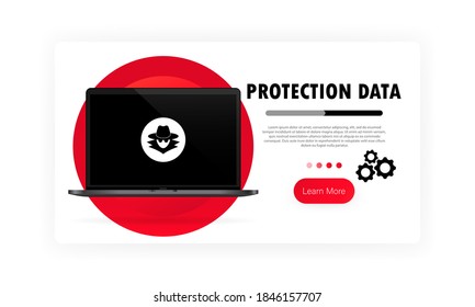 Cartel de protección de datos. Trabajo seguro en el portátil. Seguridad del sistema. Protección de la privacidad. Vector de fondo blanco aislado. EPS 10