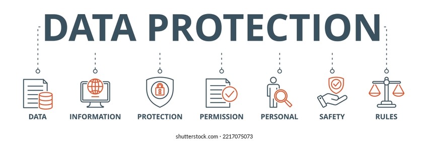 Pancarta de protección de datos icono web ilustración vectorial con icono de datos, información, protección, permiso, personal, seguridad y reglas