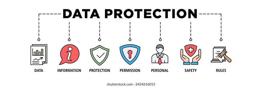 Banner de protección de datos web icono conjunto de ilustración vectorial concepto con icono de datos, información, protección, permiso, personal, seguridad y reglas