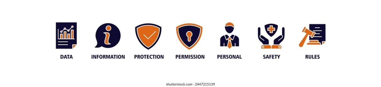 Concepto de Ilustración vectorial del Web del Anuncio de protección de datos con el icono de datos, información, protección, permiso, personal, seguridad y reglas
