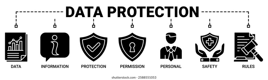 Data protection banner web icon vector illustration concept with icon of data, information, protection, license, personal, safety and rules icons. Solid color vector symbol background.