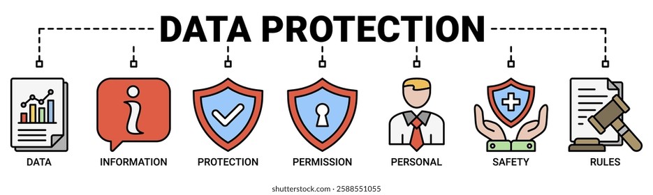 Data protection banner web icon vector illustration concept with icon of data, information, protection, license, personal, safety and rules icons.