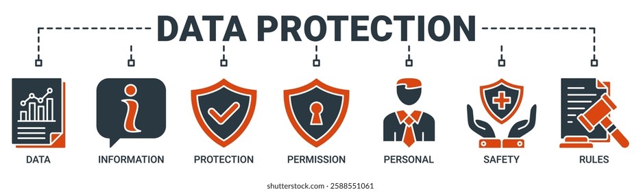 Data protection banner web icon vector illustration concept with icon of data, information, protection, license, personal, safety and rules icons. Solid color vector symbol background.