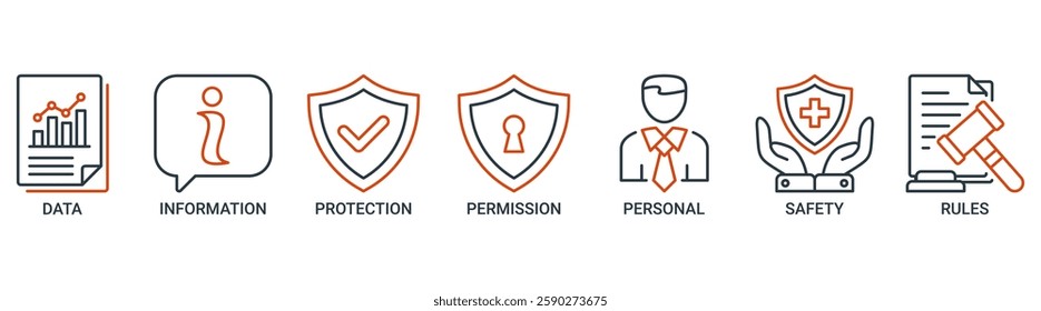 Data protection banner web icon vector illustration concept with icon of data, information, protection, license, personal, safety and rules icons. Outline vector symbol background.