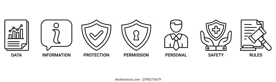 Data protection banner web icon vector illustration concept with icon of data, information, protection, license, personal, safety and rules icons. Outline vector symbol background.