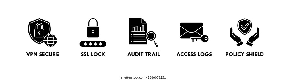 Conceito de ilustração de vetor de ícone da Web com banner de proteção de dados com ícone de segurança de VPN, bloqueio de SSL, trilha de auditoria, logs de acesso e blindagem de políticas