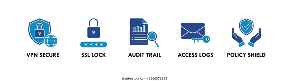 Conceito de ilustração de vetor de ícone da Web com banner de proteção de dados com ícone de segurança de VPN, bloqueio de SSL, trilha de auditoria, logs de acesso e blindagem de políticas