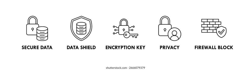 Conceito de ilustração de vetor de ícone da Web de banner da Proteção de Dados com ícone de dados seguros, data shield, chave de criptografia, privacidade e bloqueio de firewall