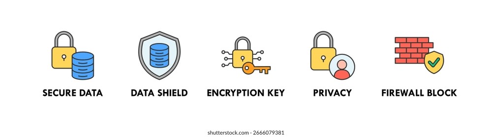 Data Protection Banner Web-Symbol Vektorgrafik-Konzept mit Symbol für sichere Daten, Data Shield, Verschlüsselungsschlüssel, Datenschutz und Firewall-Block