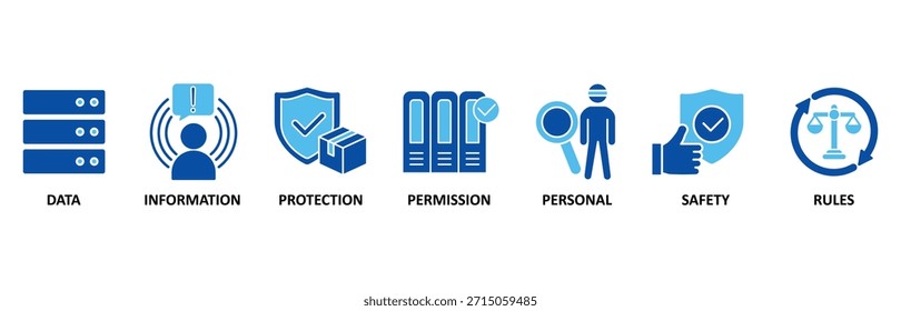 Conjunto de iconos de Web de Anuncio de protección de datos En estilo azul Ilustración vectorial foricon de datos, información, protección, permiso, personal, seguridad y reglas
