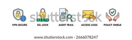 Data Protection banner web icon vector illustration concept with icon of VPN secure, SSL lock, audit trail, access logs, and policy shield
