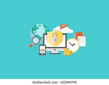 Data protection banner. Yellow folder lock icon on blue background. File protection. Data security and privacy concept. Safe confidential information. Vector illustration in flat style.