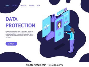 Data Protection with Biometric Identification Concept Landing Web Page Template. Vector illustration Woman and Authentication System