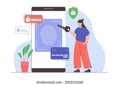 Data protection with biometric identification. Fingerprint security system on smartphone for secure authentication and transactions. Flat woman provide key to access data. ID scanning technology.