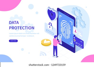 Data protection with biometric technologies concept. Can use for web banner, infographics, hero images. Flat isometric vector illustration isolated on white background.