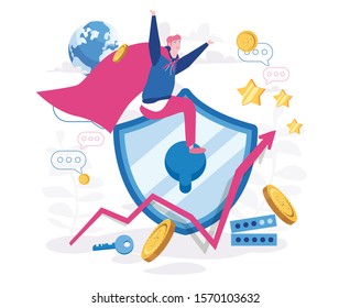 Data protection. Businessman in hero costume in the security shield concept. Internet security. Cyber security analyst, data confidential.  Vector illustration for web banner, infographics, mobile.