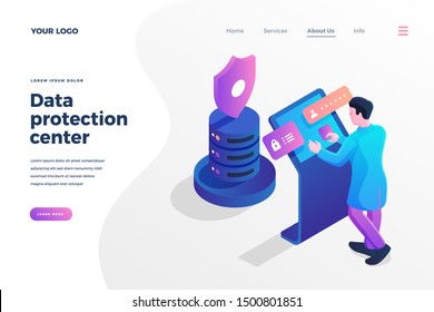 Data protection center isometric landing page template. Guarding information in database. Cybersecurity expert with encrypted password. Internet security, protected identity, user account service