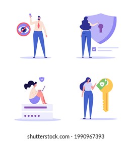 Data protection characters set. People protecting personal data files with good safe password. Concept of Data security, anti-spy, protecting information. Vector illustration in flat design for web