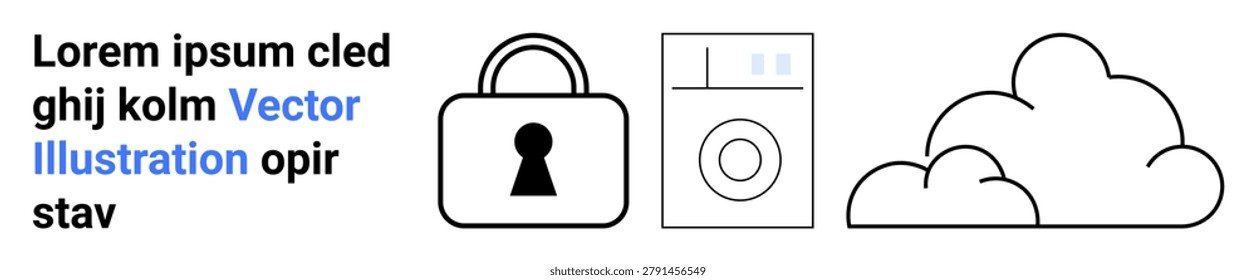 Data protection, cloud computing, internet storage, online security, file access, and technology. Icons showing a padlock, cloud and digital device. Data protection and cloud computing