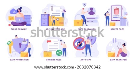 Data protection and cloud storage vector illustration set. People protecting files with safe password, sharing document and cleaning phone. Collection of archive storage, anti-spy, delete trash files