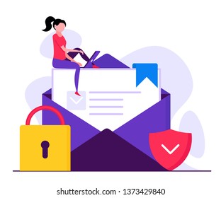 Data protection concept. Business woman with mail, lock and shield. Insurance, from business risk. can use for landing page, ui, web template, mobile app, poster flyer, banner. Vector illustration of 