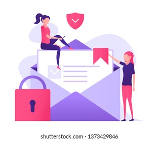 Data protection concept. Business woman with mail, lock and shield. Insurance, from business risk. can use for landing page, ui, web template, mobile app, poster flyer, banner. Vector illustration of 