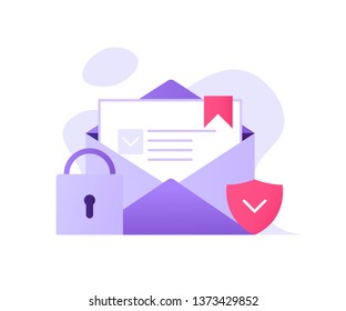 Data protection concept. Business woman with mail, lock and shield. Insurance, from business risk. can use for landing page, ui, web template, mobile app, poster flyer, banner. Vector illustration of 