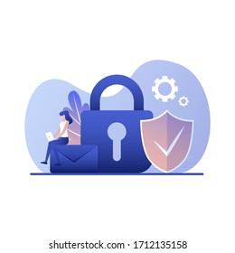 Data protection concept. Business woman with mail, lock and shield. Insurance, from business risk. can use for landing page, ui, web template, mobile app, poster flyer, banner. Vector illustration of