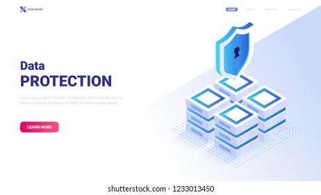 Data protection concept. Data center with servers that is protected by shield. Data security. Vector isometric illustration. Web site header, banner, background.