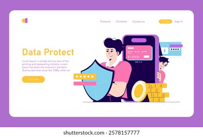 Data Protection concept. Characters securing digital data with a shield, symbolic of cybersecurity. Vector illustration.