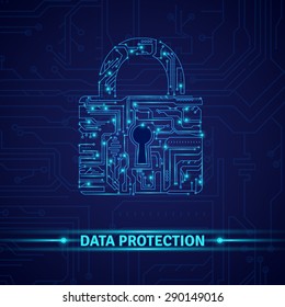 Data protection concept with circuit in lock shape on blue background vector illustration