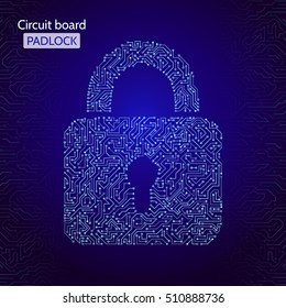 Data protection concept with circuit padlock. Data security icon. Circuit board padlock. Abstract technology background. Vector eps 10