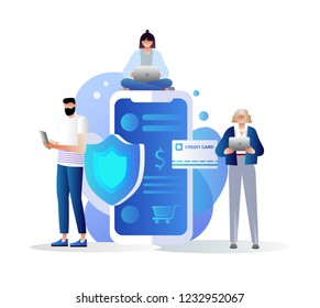 Data protection concept. Credit card check,  software access data as confidential. Can use for web banner, infographics, hero images. Flat vector illustration isolated on white background, characters.