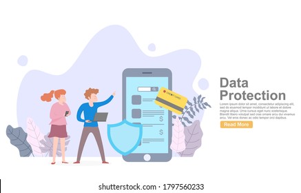 Concepto de protección de datos. Comprobación de tarjeta de crédito y datos de acceso a software como confidenciales. Se puede usar para banner web, infografías, imágenes de héroes. Ilustración isométrica plana aislada 
