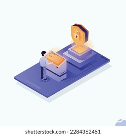 Data protection concept. Credit card check and software access data as confidential. Can use for web banner, infographics, hero images. Flat isometric illustration isolated on white background.