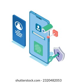 Concepto de protección de datos. Comprobación de tarjeta de crédito y datos de acceso a software como confidenciales. Se puede usar para banner web, infografías, imágenes de héroes. Ilustración isométrica plana aislada sobre fondo blanco.